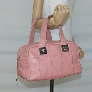 CHANEL Choco Bar Hand Bag Grained Calf Skin Pink Silver CC Auth yk19354